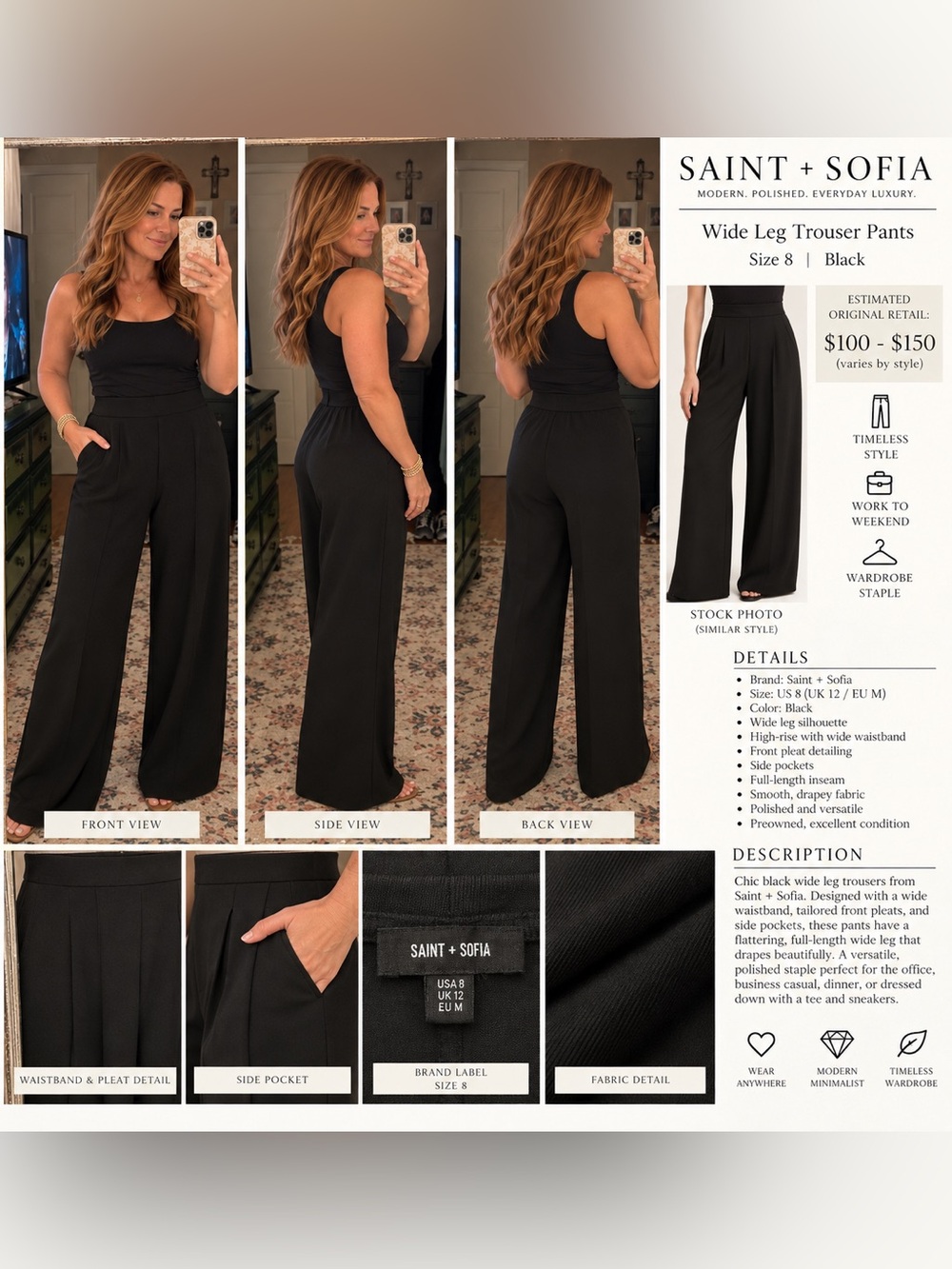 Saint + Sofia Black Wide Leg Trousers